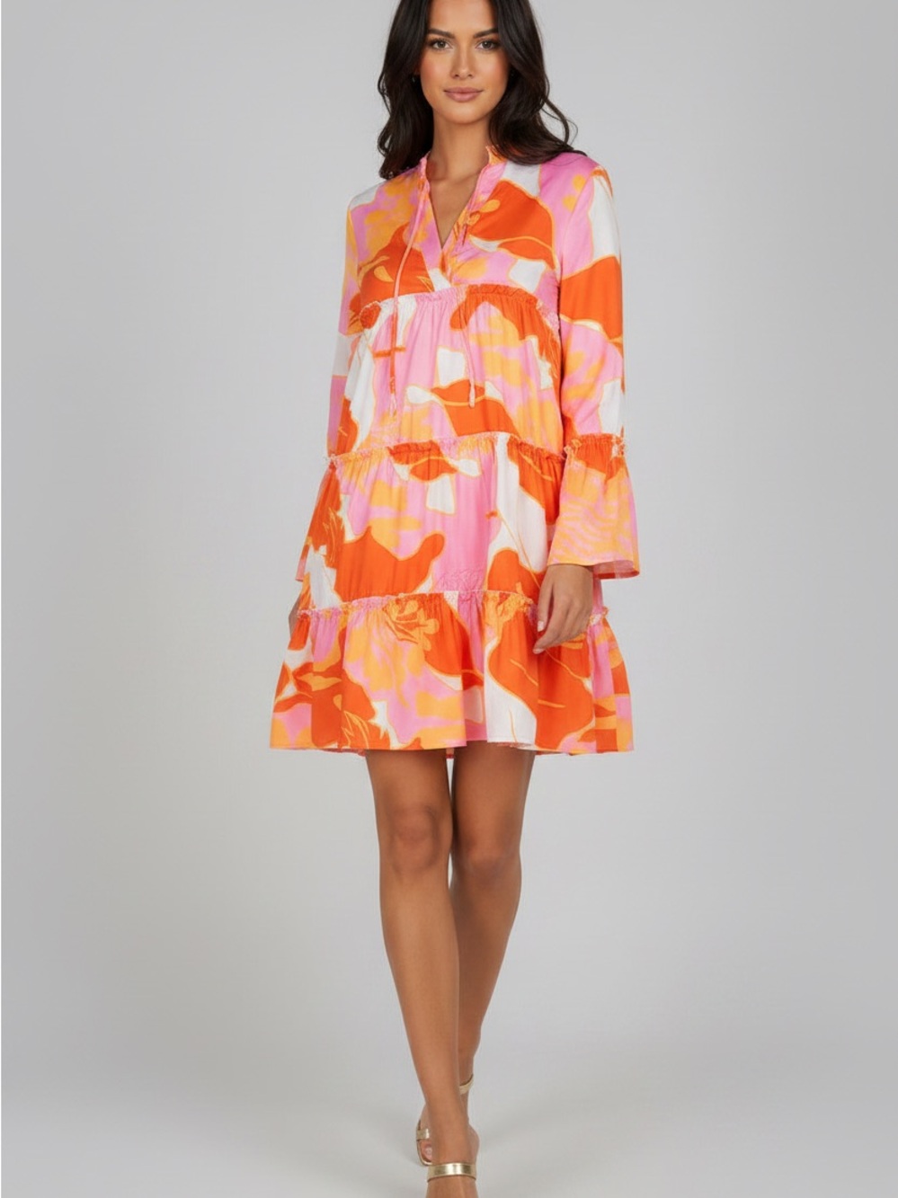 Tiered Long Sleeve Mini Dress in Pink & Orange